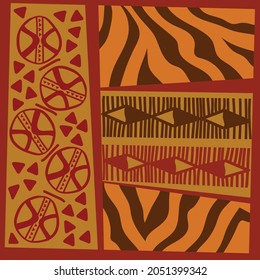 Hand drown seamless pattern with different ethnic colorful elements with zebra skin. Red, orange, yellow colors. For the design of textiles, cover, paper, notebooks, print packaging paper.