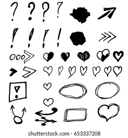 Hand drown set of arrows and geometric shapes. Made with ink.