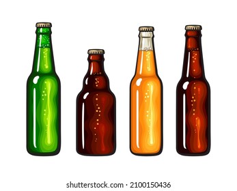 Hand drown set of beer bottles. Bottles of light and dark beer, soda or lemonade. Vector illustration isolated on white background.