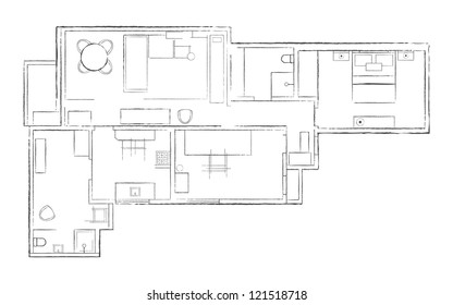 Hand drown sketch of the floor with furniture. Vector