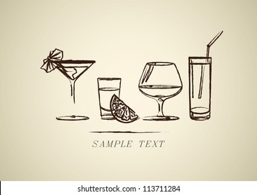 Hand drown Sketch. Set with different cocktails.