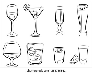 Hand drown Sketch. Set with different cocktails.