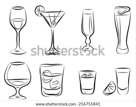 Hand drown Sketch. Set with different cocktails.