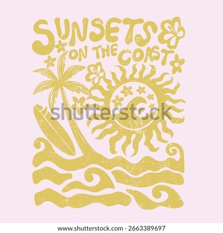 hand drown sunshine surf with coconut tree .summer vibes art work. vintage summer t shirt design. sun poster design. summer colorful flower. vintage tee prints.