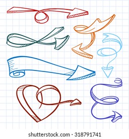 Hand drown vector color sketches of twisted arrows on a check background