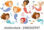 Hand drown vector illustration of Beautiful Girl Mermaids different ethnicity. Set of isolated characters and elements on white background