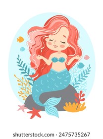 Hand drown vector illustration of Beautiful Girl Mermaid with pink hair. Underwater marine life of a coral reef