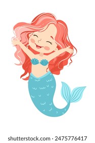 Hand drown vector illustration. Beautiful Girl Mermaid with pink hair isolated on white background