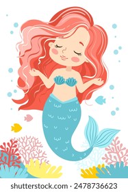 Hand drown vector illustration of Beautiful Girl Mermaid with pink hair. Underwater marine life of a coral reef