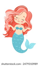 Ilustración vectorial ahogada a mano. Hermosa sirena de la muchacha con el pelo rosado aislado en fondo blanco