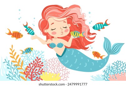 Hand drown vector illustration of Beautiful Girl Mermaid with pink hair. Underwater marine life of a coral reef