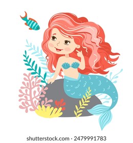 Hand drown vector illustration of Beautiful Girl Mermaid with pink hair. Underwater marine life of a coral reef