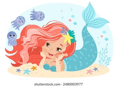 Hand drown vector illustration of Beautiful Girl Mermaid with with pink hair and octopuses. Underwater marine life of a coral reef