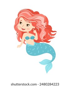 Hand drown vector illustration. Beautiful Girl Mermaid with pink hair isolated on white background
