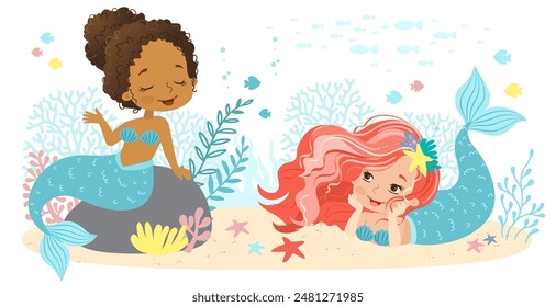 Hand drown vector illustration of Beautiful Girl Mermaid with with pink hair and mermaid African American ethnicity. Underwater marine life of a coral reef