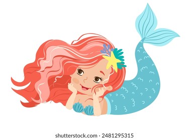 Hand drown vector illustration. Beautiful Girl Mermaid with pink hair isolated on white background