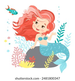 Hand drown vector illustration of Beautiful Girl Mermaid with pink hair. Underwater marine life of a coral reef