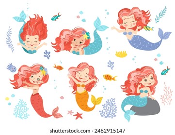 Hand drown vector illustration of Beautiful Girl Mermaid with with pink hair. Set of isolated illustration and elements