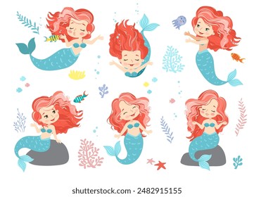 Hand drown vector illustration of Beautiful Girl Mermaid with with pink hair. Set of isolated illustration and elements