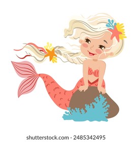 Hand drown vector illustration. Beautiful mermaid with blonde braid isolated on white background