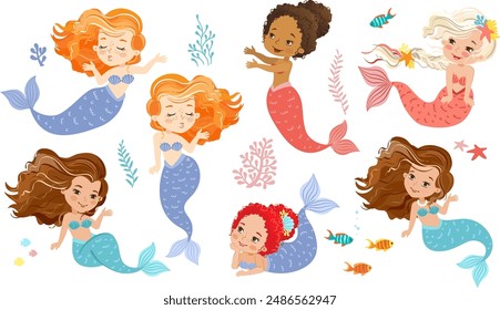 Ilustración vectorial ahogada a mano de la Hermosa Niña Sirenas de diferente etnia. Conjunto de personajes aislados y Elementos sobre fondo blanco