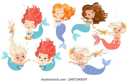 Hand drown vector illustration of Beautiful Girl Mermaids different ethnicity. Set of isolated characters on white background