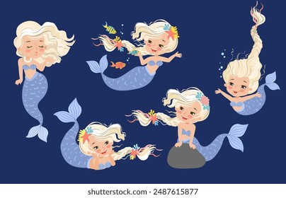 Hand drown vector illustration of Beautiful Girl Mermaid with with pink hair. Set of isolated illustration