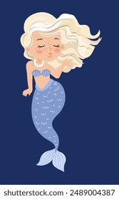 Hand drown vector illustration. Beautiful mermaid with blonde braid isolated on blue background