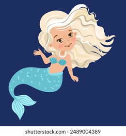 Ilustración vectorial ahogada a mano. Hermosa sirena con trenza rubia aislada sobre fondo azul