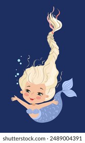 Hand drown vector illustration. Beautiful mermaid with blonde braid isolated on blue background