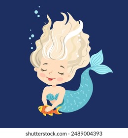 Hand drown vector illustration. Beautiful mermaid with blonde braid isolated on blue background