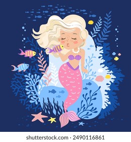 Hand drown vector illustration of Beautiful Mermaid. Underwater marine life of a coral reef