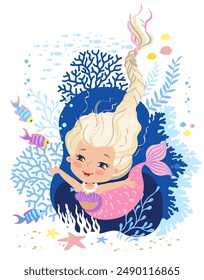 Hand drown vector illustration of Beautiful Mermaid. Underwater marine life of a coral reef
