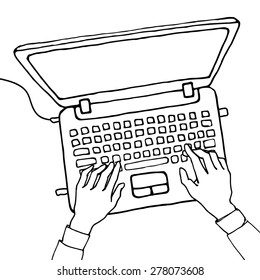 Hand drown vector illustration of hand on computer. Black and white
