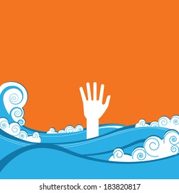 hand of drowning in blue sea waves.Vector illustration