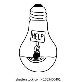hand of drowning businessman holding help sign in bulb vector illustration sketch doodle hand drawn with black lines isolated on white background