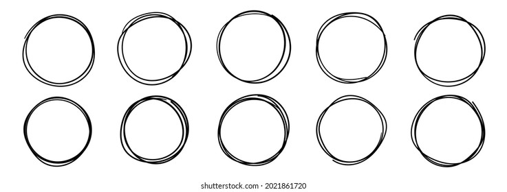 Hand drowning circle line sketch vector set. Highlighter marks, strokes, Art brush design round circular scribble doodle graffiti bubble or ball draft illustration for logo and text.