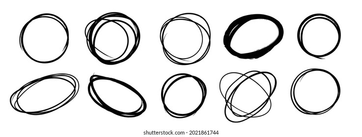 Hand drowning circle line sketch vector set. Highlighter marks, strokes, Art brush design round circular scribble doodle graffiti bubble or ball draft illustration for logo and text.