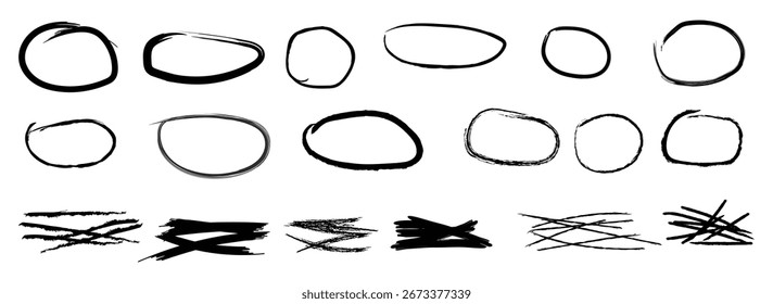 Conjunto de Vector de croquis de línea circular ahogado a mano. Diseño de pincel de arte redondo garabato circular doodle. Dibujado a mano garabato Ilustración vectorial de marco de círculo redondo.