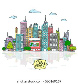 Hand drowning Cityscape doodles Vector Illustration Line Sketched Up isolated backgrounds