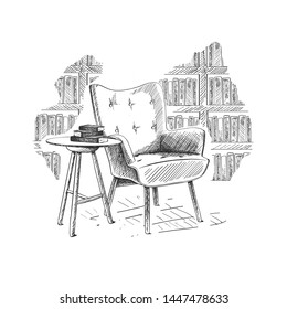 Decoración moderna y relajante. Esbozo vectorial en blanco y negro. Salón-biblioteca con mesa baja, libros y estanterías.