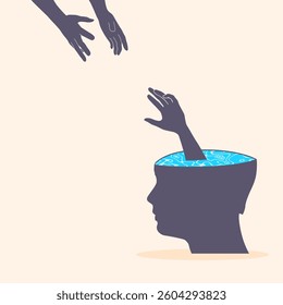 Hand of drowning person in human head and helping hands. Hand go out of head. Internally suffering. Psychology concept of depression. Psychology support