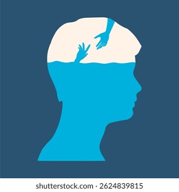 Hand of drowning person in human head and helping hands. Hand go out of head. Internally suffering. Psychology concept of depression. Psychology support