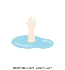 Hand drowning in pool or sea. Person raising hands asking for help. Emergency, underwater accident, outdoor activity, rescue concept. Flat cartoon character vector design illustration.