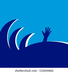 Hand of drowning the waves. Vector illustration.