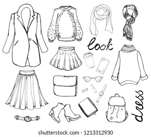 Hand drwan set of isolated elements of female clothing and accessories in graphic on white background. Unique pretty style, casual wardrobe in vector