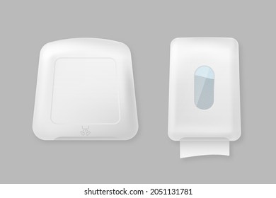 Hand dryer and dispenser mockup template. White appliances for sanitary room and toilet modern disinfection with antibacterial wipes and warm vector drying