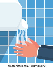 Icono plano del secador de mano. Equipo en un lugar público. Estilo de dibujos animados de ilustraciones vectoriales. El cuarto de baño está aislado sobre un fondo de azulejos azules. Higiene y lavado de manos. Señal pública de inodoro.