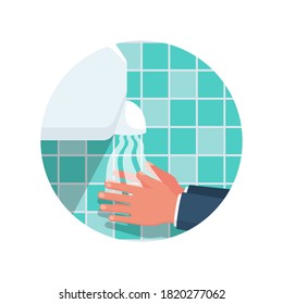 Hand dryer flat icon. Equipment in a public place. Vector illustration cartoon style. Isolated on background of blue tiles in the bathroom. Hygiene and hand washing. Public toilet sign.
