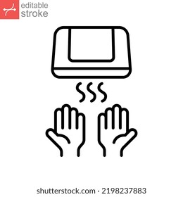 Hand Dryer Icon, Dry, Air, Machine, Bathroom Equipment. Automated Touchless Drying Hands Restroom With Sensors. Outline Style. Editable Stroke. Vector Illustration. Design On White Background. EPS 10